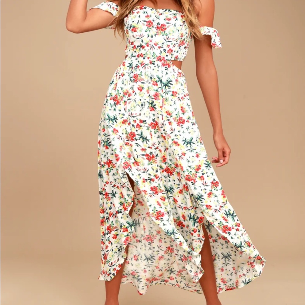 Lulus Easy on the Eyes cream floral dress print off-the shoulder maxi dress